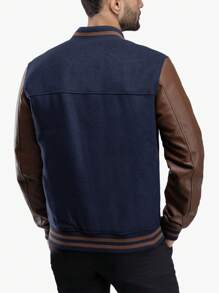 Men's Wool Varsity Bomber Jacket With PU Sleeves - Navy/Brown - View 2