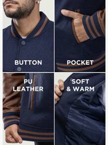 Men's Wool Varsity Bomber Jacket With PU Sleeves - Navy/Brown - View 7