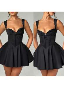 Women's Mini Corset Dress A-Line Deep V Neck Backless Ruffle Hem Sleeveless Dress For Party Club - màu đen - Xem 2