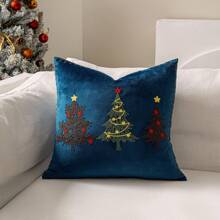 1pc Christmas Tree Throw Pillow Cover, 18x18 Embroidery Pillowcase Home Xmas Gold Decorative Cushion Cover Soft For Sofa Bed Chair - Blue - View 39