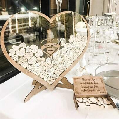 1set Wedding Guestbook Heart-Shaped Wooden Slice Acrylic Signature Album Wedding Registry Board