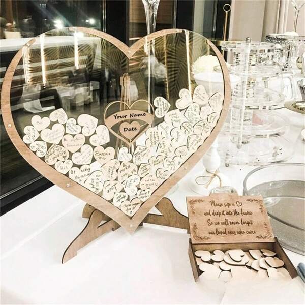 1 set Libro de firmas de boda con tablero de registro de boda de corte de madera con forma de corazón y acrílico