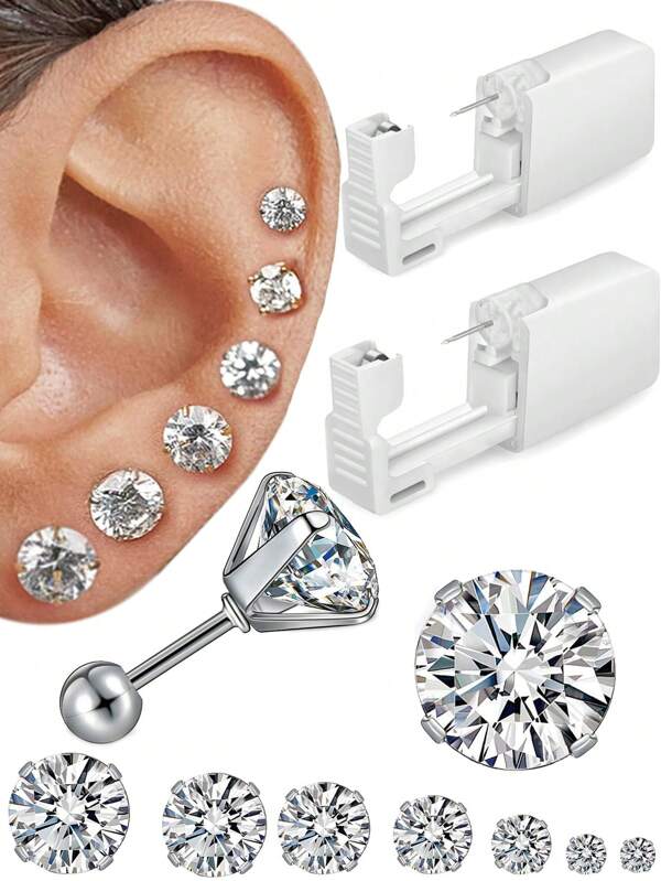 2PCS/11PCS Ear Piercing Kit Disposable Ear Piercing Unit With 7Pcs Stainless Steel Replacement Men Women Stud Earrings Cartilage Ear Piercings Helix Tragus Barbell