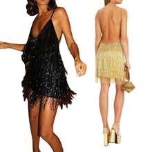 Women Sequined Fringe Evening Dress Elegant V-Neck Sleeveless Backless Ball Gown For Cocktail Wedding Party - 黑色 - 查看 4