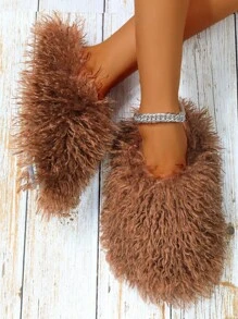 女士毛茸茸平底家居拖鞋，冬季女士迷人毛绒拖鞋 - 棕色 - 查看 2