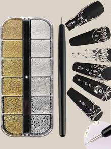 12 Fächer Nagel Perlen mit 1 Stück Magnet Picker Tool, 3D 12 Fächer Gold Silber Kaviar Perlen Metall Nagel Dekoration Edelsteine gemischte Größen Gold Silber Stahlkugeln Nail Art Design Dekoration Maniküre DIY Zubehör Metall Charm Mini Kaviar Nagel Perlen Kristall Dekoration Nägel