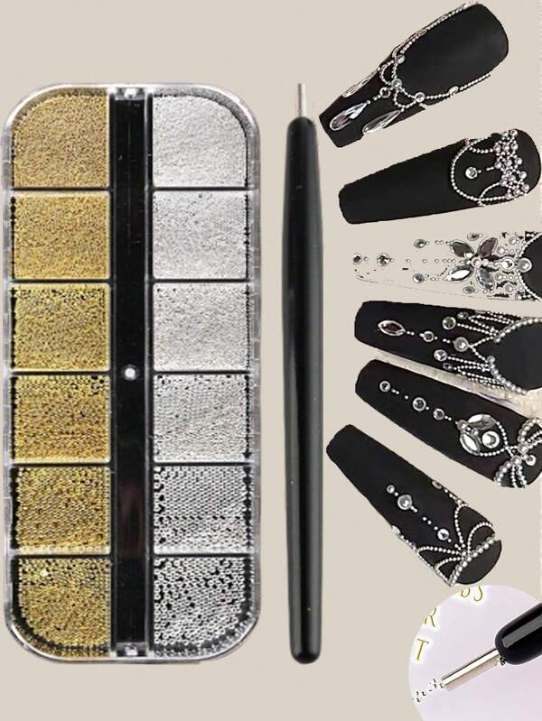 12-Grids Nail Beads With 1Pc Magnet Picker Tool 3D 12Grids Gold Silver Caviar Beads Metal Nail Charms Gems Mixed-Sizes Gold Silver Steel Balls Nail Art Design Decoration Manicure Diy Supplies Metal Charm Mini Caviar Nail Beads Crystal Decoration Nails