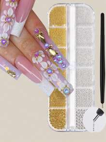 12 Fächer Nagel Perlen mit 1 Stück Magnet Picker Tool, 3D 12 Fächer Gold Silber Kaviar Perlen Metall Nagel Dekoration Edelsteine gemischte Größen Gold Silber Stahlkugeln Nail Art Design Dekoration Maniküre DIY Zubehör Metall Charm Mini Kaviar Nagel Perlen Kristall Dekoration Nägel