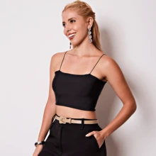 Thin Strap Top With Double Elastic, No Padded Bra Foreign Fashion Elegant Chic Versatile Essential Functional Flexible Innovative Perfect Adaptation Exclusive Modeling Delicate Texture Superior Quality Breathable Fabric Fashionista Lightness Easy To Combine Timeless Versatile Look Natural Beauty Meticulous Details Ready To Rock Everyday Sophistication High Quality Simple Care Natural Fit Modern Essence Timeless Look Ideal For Any Occasion - 黑色 - 查看 5