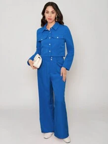Conjunto casual de  2 piezas para dama en color solido - azul real - Ver 3