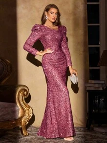 UNITHORSE 露肩泡泡袖褶饰腰部亮片派对礼服，优雅正式晚会舞会礼服，适合婚礼宾客、毕业典礼、晚宴、新娘礼服、生日女士服装、毕业礼服、礼服 - 中紫紅色 - 查看 5