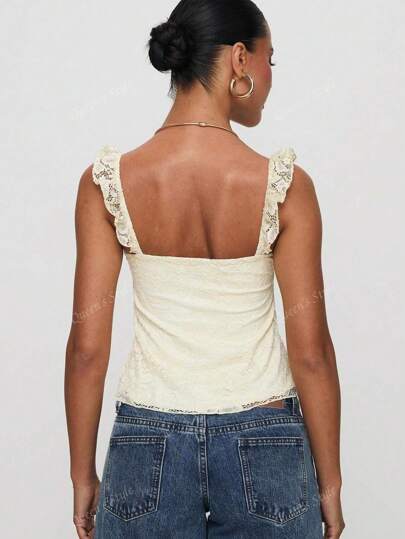Sexy Girl Lace Design Ruffle Strap Bow Decor Lace Patchwork Sleeveless Tank Top, Spring/Summer New Arrival