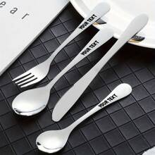 1 Set/4pcs Customizable Stainless Steel Cutlery Set With Bear Pattern, Ideal For Everyday Use And Universal Gifts - Silver Plain + Cutlery Bag - View 8