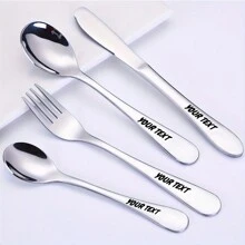 1 Set/4pcs Customizable Stainless Steel Cutlery Set With Bear Pattern, Ideal For Everyday Use And Universal Gifts - Silver Plain + Cutlery Bag - View 6