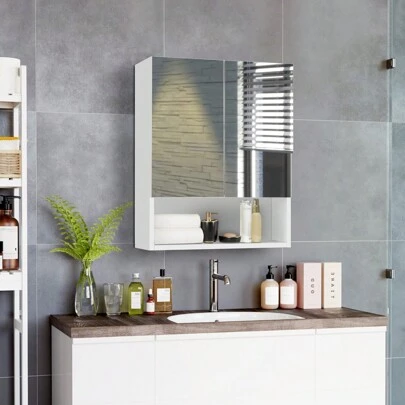 CLIPOP Bathroom Mirror Cabinet 2 Door Bathroom Storage Cupboard With Adjustable Shelves And Open Shelf, Wall Mounted Mirror Cabinet For Living Room,Bathroom And Toilet Home Bathroom Decor Summer Makeup Organizer