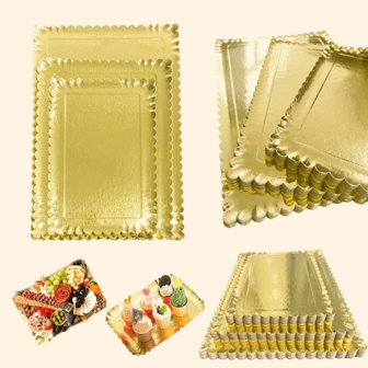 10 件装金色蛋糕托盘矩形饼干小吃托盘，重型纸板托盘，防油蛋糕底板，甜点桌纸杯蛋糕展示装饰盘，适用于生日派对婚礼餐饮活动