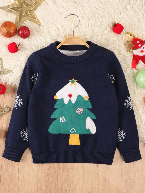 Nuova maglia di Natale per bambini autunno/inverno 2024, maglioncino girocollo con stampa di Babbo Natale e albero di Natale per bambini, pullover lavorato a maglia blu navy caldo