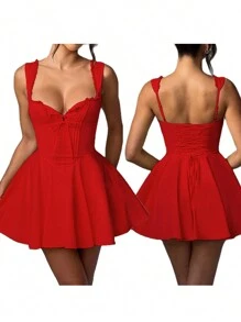 Women's Mini Corset Dress A-Line Deep V Neck Backless Ruffle Hem Sleeveless Dress For Party Club - Red - View 2