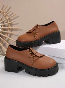 Women's Retro Lychee-Patterned Embossed Niche Design Oblique Lacing Round Toe Waterproof Thick-Soled High Heels, Thick-Soled Oxford Shoes In Brown British Style, Suitable For School, Work, Party, Fashion Versatile And Comfortable Platform Casual Shoes