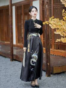 Autumn Elegant Chinese Style Elastic Waist Dragon Embroidery Chinese Dress 1 Piece Of Skirt For Chinese Wedding, Chinese New Year, Daily, Street, Commuting, Home And Other Occasions To Wear Hanfu Bottoms (Waistbelt For Free) - Black - View 8
