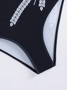 New Black & White Wheat Pattern Modest One Piece Swimsuit, Contrast Color Spaghetti Strap Camisole Bikini, Summer - Black and White - View 8