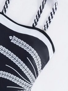 New Black & White Wheat Pattern Modest One Piece Swimsuit, Contrast Color Spaghetti Strap Camisole Bikini, Summer - Black and White - View 6