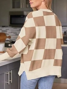 女式大码圆领大码落肩长袖宽松针织毛衣上衣，秋冬 - 卡其色 - 查看 2