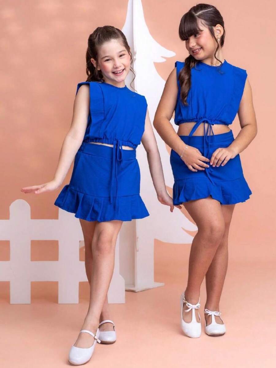 Yasmin etc and such Conjunto infantil juvenil saia short e cropped verão - Azul - Visão 1