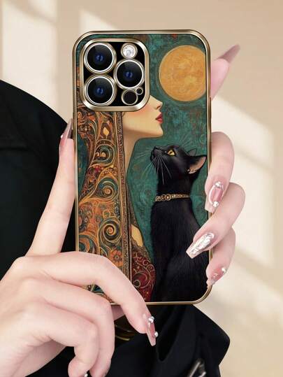 1pc Fashion Minimalist Cute Dark Cat & Girl 2D Pattern Mobile Phone Case, Electroplated Black Non-Slip Full Coverage Protective Soft Shell Compatible With Apple, Great Gift For Friends, Family, Yourself, Thanksgiving, Christmas, New Year Waterproof Shockproof Anti-Fall Scratch Resistant