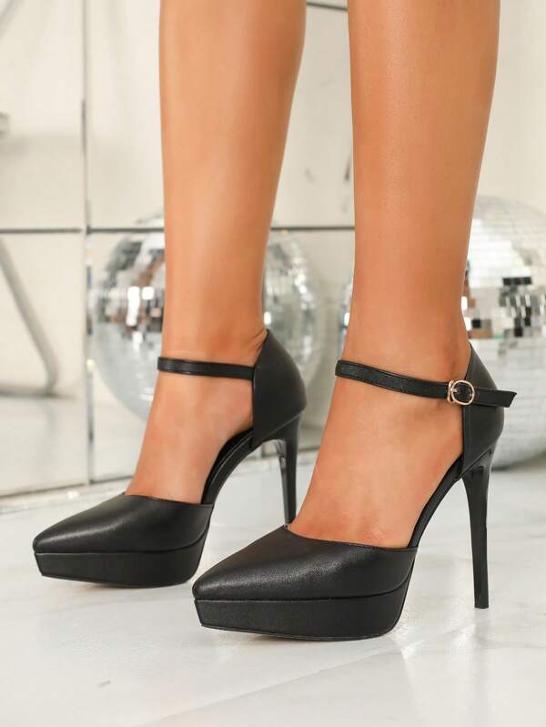 European And American Style Pointed Toe Hollow Platform Shoes, Sexy Black Thin High Heel Strap Sandals For Women