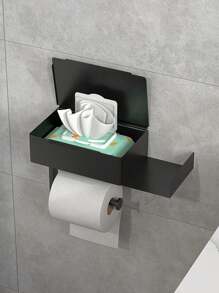 1pc Toilet Paper Holder With Shelf, Bathroom Wipes Storage Box, Toilet Roll Paper Holder, Wall Mounted Tissue DispenserContainer, Bathroom Hanging Tissue Storage Rack, BathroomAccessories, Wall Mounted Toilet Roll Paper Storage Rack