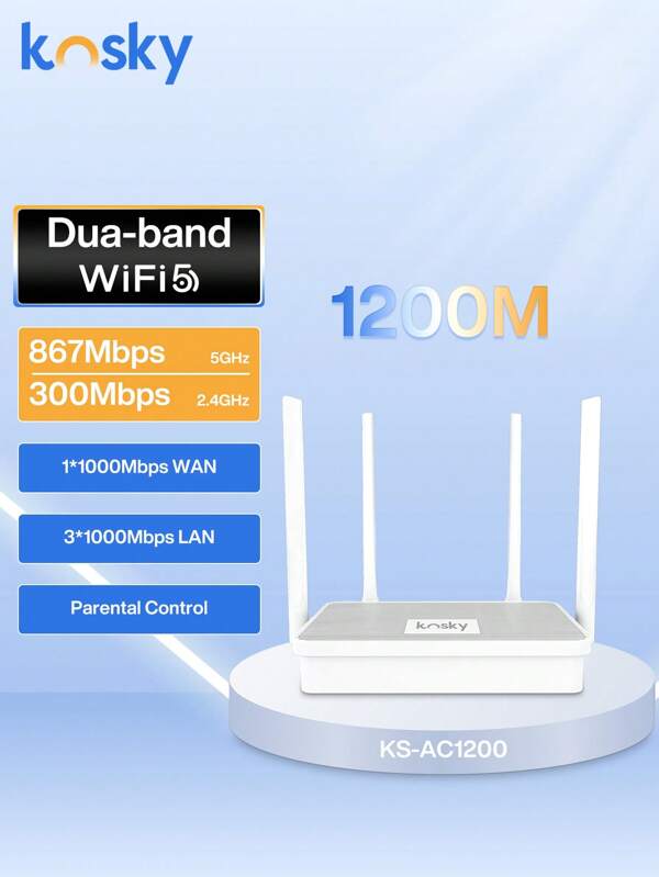 KOSKY Router inalámbrico Kosky, router WiFi Gigabit completo, banda dual, compatible con 2.4G y 5G, compatible con 1x Gigabit WAN + 3x Gigabit LAN, 4 antenas, cobertura de largo alcance, compatible con WiFi de invitado, modo de router, modo AP, modo repetidor, IPv6 Enchufe EU
