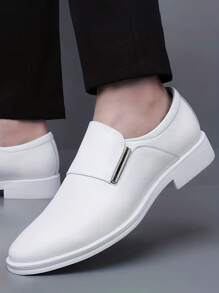 Men's Solid White Slip-On Loafers, Metal Bar Decor Pointed Toe Formal Dress Shoes - White - View 2