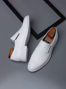Men's Solid White Slip-On Loafers, Metal Bar Decor Pointed Toe Formal Dress Shoes - White - View 3
