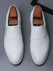 Men's Solid White Slip-On Loafers, Metal Bar Decor Pointed Toe Formal Dress Shoes - White - View 4