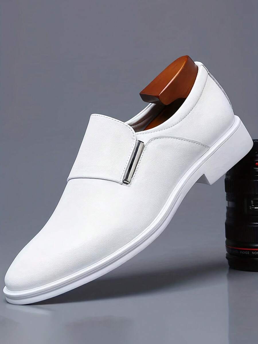Men's Solid White Slip-On Loafers, Metal Bar Decor Pointed Toe Formal Dress Shoes - White - View 1