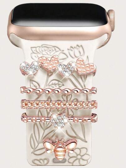 5pcs Metal Charms Decorative Ring Compatible With Apple Watch Band Charms Heart Bee Rhinestone Rhinestone Ornament Smart Watch Silicone Strap Accessories Bracelet Fashionable Accessories (Watch And Band Not Included) Compatible With Samsung Galaxy Watch