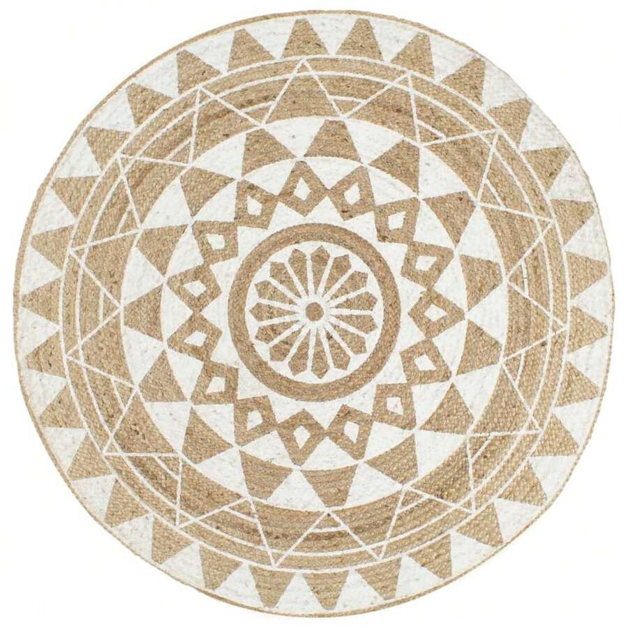 Handcrafted Area Rug With White Print 120 Cm Stylish Natural Fiber Floor Mat - White - View 1