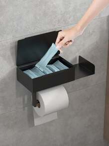 1pc Toilet Paper Holder With Shelf, Bathroom Wipes Storage Box, Toilet Roll Paper Holder, Wall Mounted Tissue DispenserContainer, Bathroom Hanging Tissue Storage Rack, BathroomAccessories, Wall Mounted Toilet Roll Paper Storage Rack