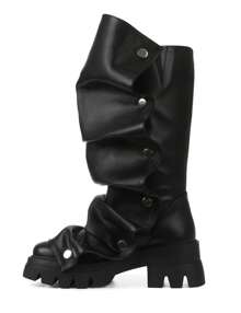 女士中筒黑色靴子厚底高跟鞋褶皱靴膝盖高折叠粗跟短靴圆头宽筒套脚鲨鱼靴日常派对 Y2K 女式正装靴 - 黑色 - 查看 6