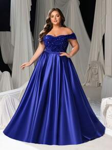 Váy dạ hội trang trọng trễ vai đính sequin Faeriesty Curve Plus - Xanh đậm - Xem 2