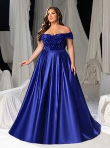 Váy dạ hội trang trọng trễ vai đính sequin Faeriesty Curve Plus - Xanh đậm - Xem 7