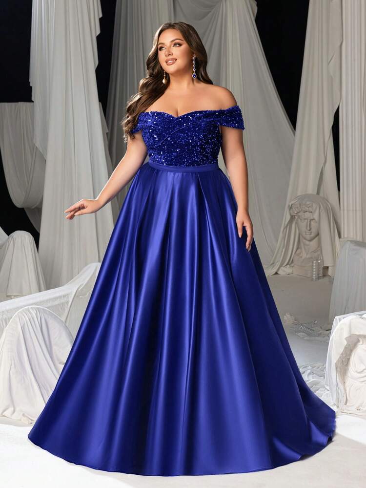 Váy dạ hội trang trọng trễ vai đính sequin Faeriesty Curve Plus - Xanh đậm - Xem 6