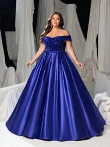 Váy dạ hội trang trọng trễ vai đính sequin Faeriesty Curve Plus - Xanh đậm - Xem 8