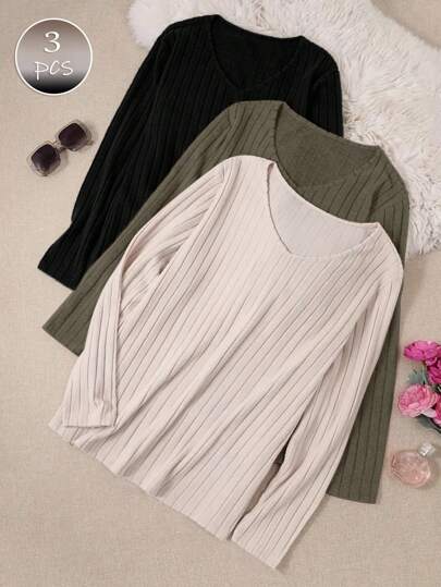 3 件套女士加大码休闲休闲上衣，加大码纯色长袖 V 领罗纹家居服上衣，适合秋冬季