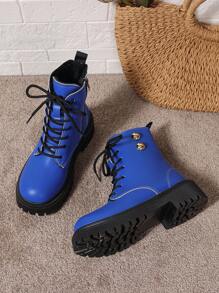 Round Toe Lace Up Fashion Patchwork Boots, Thick Bottom, Vacation Style Women Short Boots, Retro With Round Buckle Decor