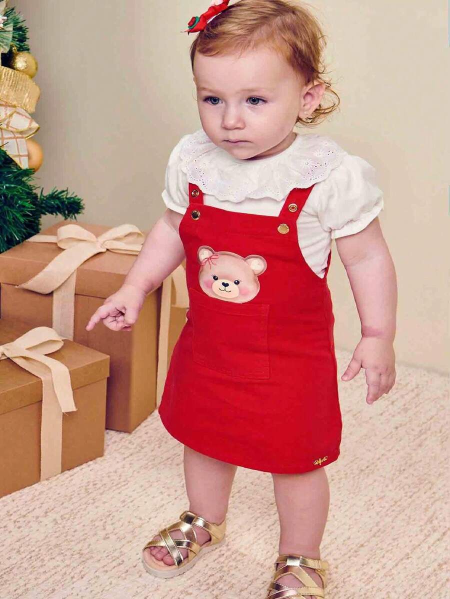 Teddy Bear Twill Overalls And Cotton Bodysuit - Đỏ và trắng - Xem 1