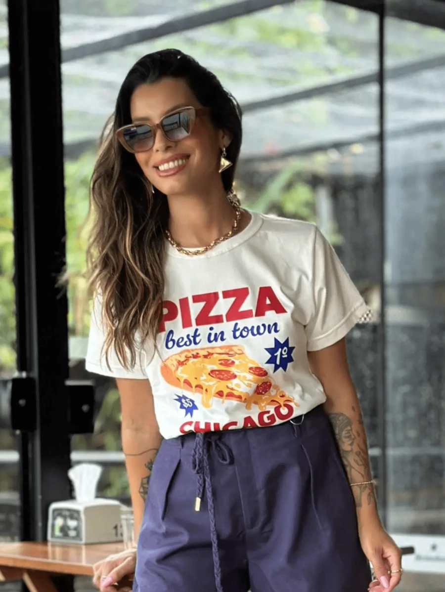 Women's Mega Blouse In Soft Cotton PIZZA CHICACO T-Shirt - trắng - Xem 1