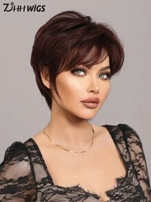7JHH WIGS 10 Inch Black Purple Short Pixie Cut Wigs For Black White Women Daily Summer Wig Short Dark Red Synthetic Wig With Bangs Full Machine Wig For Daily Wear & Costumes Cosplay & Everyday Style - 中紫紅色 - 查看 4