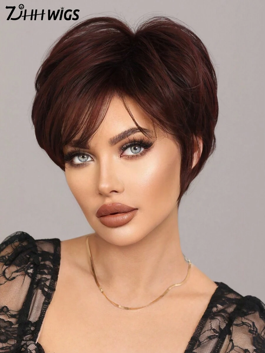 7JHH WIGS 10 Inch Black Purple Short Pixie Cut Wigs For Black White Women Daily Summer Wig Short Dark Red Synthetic Wig With Bangs Full Machine Wig For Daily Wear & Costumes Cosplay & Everyday Style - 中紫紅色 - 查看 1